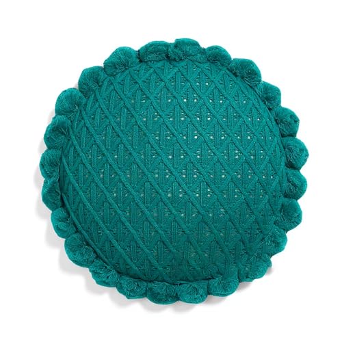 Byitre Bohemian Round Pillow 20 Inch | 100% Cotton Decorative Pillow Hand Tufted with Chunky Textured Poms | Boho Throw Pillow for Bed or Couch | Natural Dark Green Throw Pillow - color: Lattice Dark Green