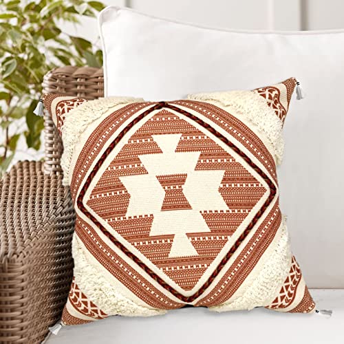Alysheer Boho Tufted Decorative Throw Pillow Cover with Tassels Fringe 18''x18'', Cotton Velvet Reversible Woven Bohemian Style Cushion Case for Sofa Couch Living Room Gifts (Burnt Orange)