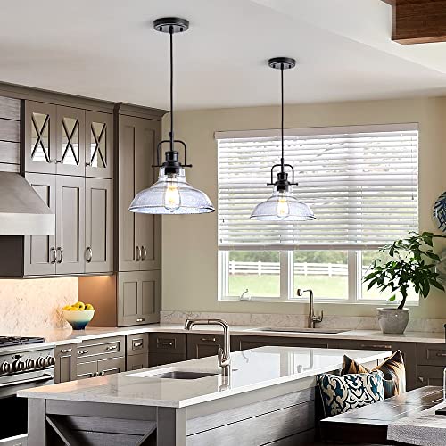 Zlepmlla Glass Pendant Light，Black Pendant Light Fixtures with Seeded Glass Shade, Adjustable Height Hanging Lights for Hallway, Kitchen Island, Dinning Room（Bulb not Included） - color: Black