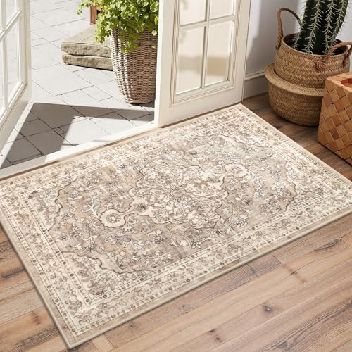 Pauwer Boho Washable Area Rug 2x3 Soft Living Room Bedroom Floor Carpet Mat Indoor Farmhouse Vintage Non Slip Accent Throw Rugs for Entryway Kitchen Dorm Dining Room - color: Beige Brown, size: 2' x 3' (Rectangular)