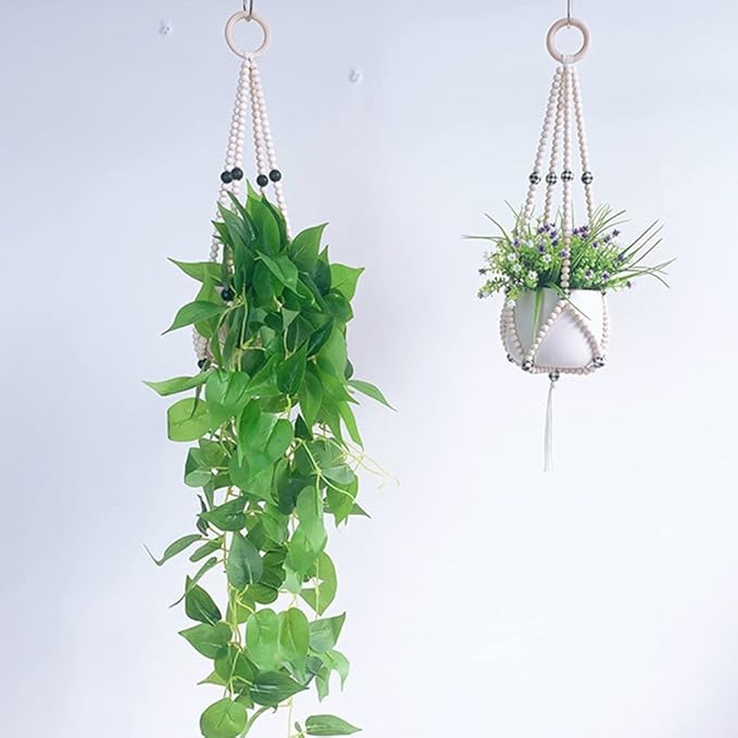 Ochine Macrame Plant Hanger Indoor Hanging Planter Basket Wood Beads Decorative Boho Flower Pot Holder with Round Hooks for Indoor Outdoor Boho Home Decor Handmade Bead Hangers (Not Included Pot)