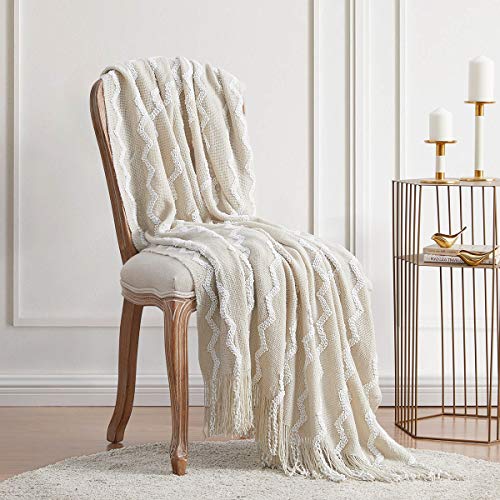 BOURINA Fluffy Chenille Knitted Fringe Throw Blanket Lightweight Soft Cozy for Bed Sofa Chair Throw Blankets Beige 60" x 80" - color: A-beige, size: 60"×80"