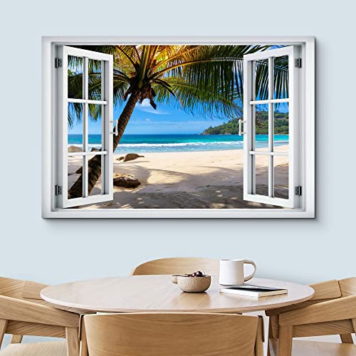 wall26 Canvas Print Wall Art Window View Tropical Island Beach Vacation Paradise Wilderness Nature Photography Realism Scenic Landscape Colorful Multicolor for Living Room, Bedroom, Office - 12"x18" - color: A40-2204-est01, size: 18"L x 12"W
