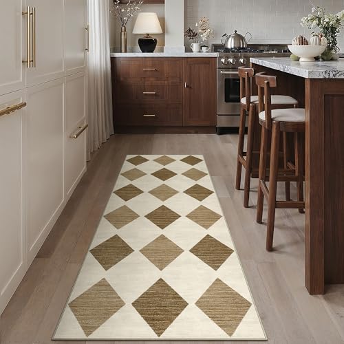 PureCozy 2x6 Runner Checkered Rug for Hallways Brown Washable Long Carpet Non-Slip Low Pile Boho Indoor Accent Throw Rug for Entrance Kitchen Bedroom Dining Laundry - color: Checkered Coffee, size: 2' x 6' (Runner)
