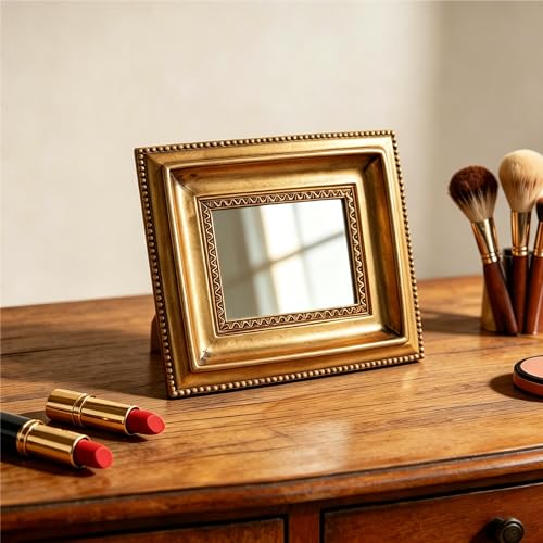 Golden Mini Vintage Mirror with Exquisite Relief Elegant Wall Decor for Bedroom Dresser Table Compact Resin Retro Design (Gold Rectangle, 4.5X5.5) - color: Gold Rectangle