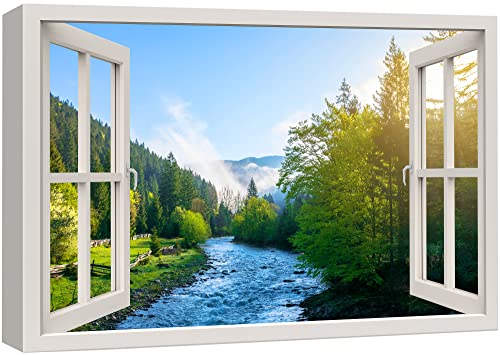 wall26 Canvas Print Wall Art Window View River Rapids Bright Green Forest Trees Wilderness Nature Photography Realism Scenic Landscape Colorful Multicolor for Living Room, Bedroom, Office - 12"x18" - color: A34-2204-est13, size: 18"L x 12"W