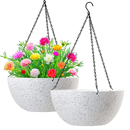 WOUSIWER 13 inch 2Pack Large Hanging Planters for Outdoor Indoor Plants with Drainage Holes and Chain, Round Hanging Flower Pots for Garden Home Porch Decor, White Speckles - color: White Speckles