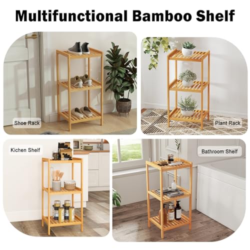 kinbor 3-Tier Bamboo Shelf Freestanding - Space-Saving Bathroom Standing Shelf & Plant Stand, 3 Shelf Bookcase for Kitchen, Living Room, Office (Natural Bamboo, Easy Assembly) - size: 3-Tier