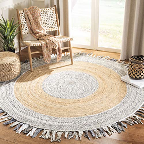 SAFAVIEH Cape Cod Collection Area Rug - 4' Round, Light Grey & Natural, Handmade Boho Fringe Jute & Cotton, Ideal for High Traffic Areas in Living Room, Bedroom (CAP701F) - color: Light Grey/Natural, size: 4' (Round)
