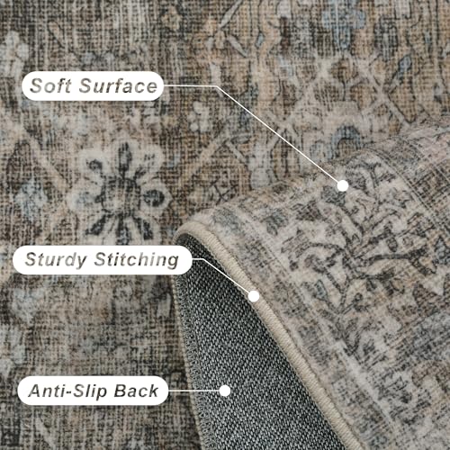 2x8 Runner Rug Grey Brown Vintage Washable Runner Rugs for Hallway Kitchen Low Pile Non-Slip Retro Distressed Accent Throw Carpet for Entryway Bathroom Bedroom Antique/Moss - color: Brown Grey, size: 2'*8'(Runner)