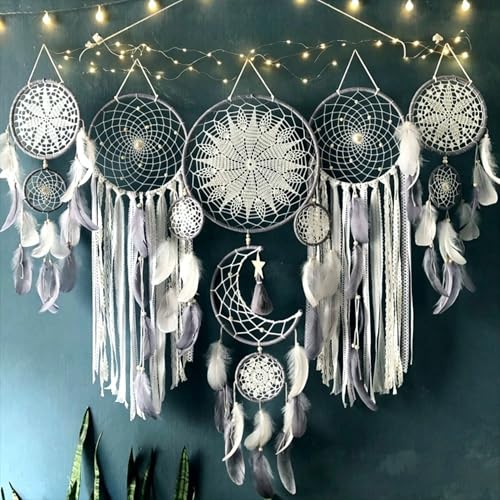 Set of 5 Boho, Hanging Large Boho Dream Catcher Wall Hanging Moon Dream Catcher Set Dream Catchers Wall Decor for Vintage Wedding Home Decorations (Grey) - color: Grey