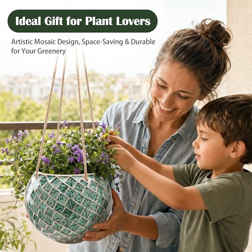Ceramic Hanging Planter Mosaic Hanging Flower Pot Small Plant Pot for Indoor Plant Disco Ball Planter with Drainage - color: Square Green
