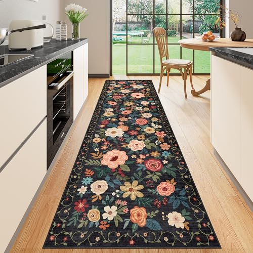 DUKINO Runner Rug, 2x10 Kitchen Runner Rug for Hallway with Non Slip Backing, Washable Low Pile Soft Boho Floral Carpet for Kitchen, Entryway, Hallway, Laundry, Bedroom, Black - color: Black, size: 2' x 10' (Rectangular)