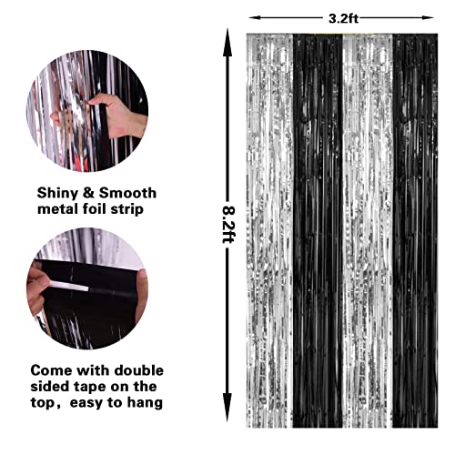 PIGETALE, 2 Pack 3.2 x 8.2 ft Black and Silver Foil Fringe Curtains Party Decorations, Sparkle Tinsel Curtain Photo Backdrop for Birthday Wedding Graduation Stream - color: Black and Silver