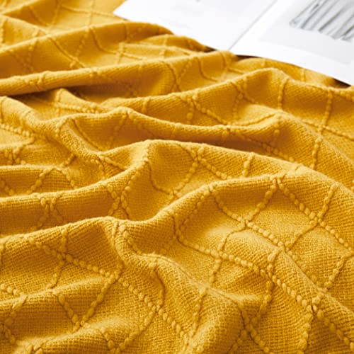 Acrylic Knitted Throw Blanket, Lightweight and Soft Cozy Decorative Woven Blanket with Tassels for Couch, Bed, Sofa, Travel, Suitable for All Seasons, 50 x 60 Inches, Mustard Yellow - color: Mustard Yellow