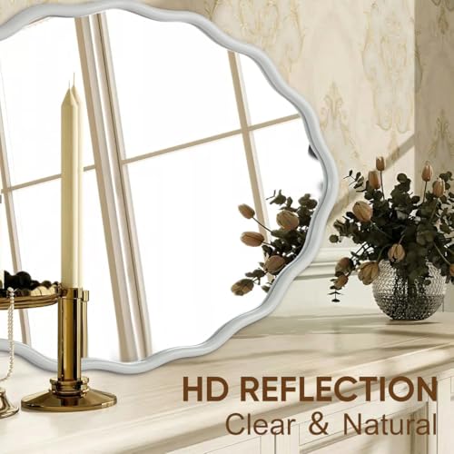 Oval Bathroom Mirror White Wall Mounted Large Decorative Wall Mirror for Living Room, Bedroom, or Entryway – Vintage Sunburst Design with Beveled Detailing – Wavy Frame Vanity Mirror - color: White