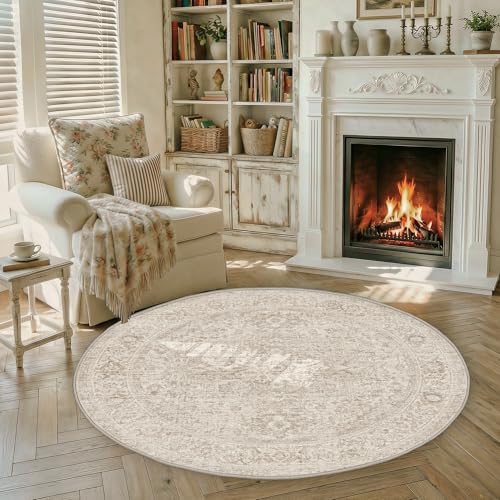FMFUNCTEX 4ft Round Washable Area Rug Beige Vintage Neutral Oriental Distressed Small Non Slip Carpet for Living Room Bedroom Soft Low Pile Indoor Mat Retro Throw Rug for Dining Room Kitchen Office - color: Beige, size: 4' (Round)