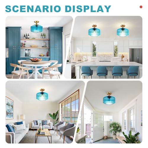 Antique Blue Close to Ceiling Fixture, 11 Inch Easy Install Semi Flush Ceiling Light, Glass Ceiling Light for Bathroom Laundry Coastal Apartment Hallway - color: Blue