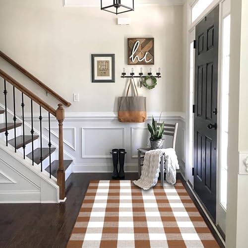 Homydecor Buffalo Plaid Outdoor Rugs, 3'x5' Coffe and White Checkered Area Rug, Layering Rug for Hello/Welcome Door Mat, Washable Cotton Woven Farmhouse Mat for Front Porch Décor - color: Coffee & White Plaid, size: 3' x 5' (Rectangular)