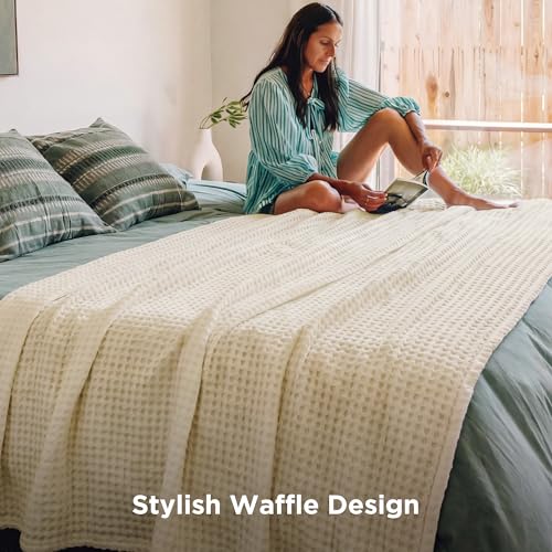 Bedsure Cooling Cotton Waffle King Size Blanket - Lightweight Breathable Blanket of Rayon Derived from Bamboo for Hot Sleepers, Natural, 104x90 Inches - color: 01 - Natural, size: King (104" X 90")