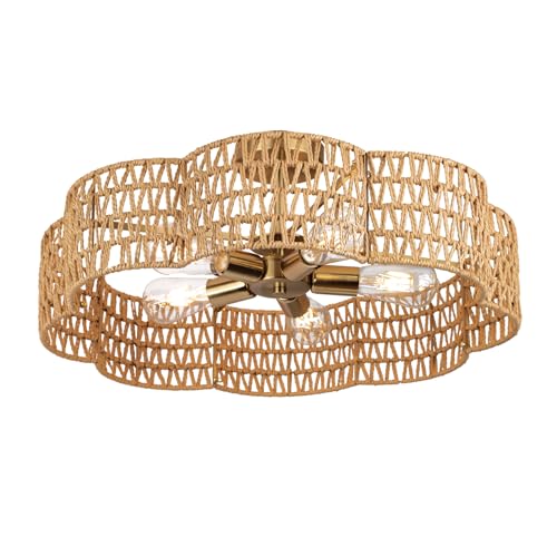 24” Boho Rattan Ceiling Light Fixture, Hand-Woven Wicker Flush Mount Chandelier, Rustic Coastal Scalloped Gold Base Semi Flush Lighting for Bedroom, Dining Room, Kitchen, Foyer, Living Room - color: Rattan A