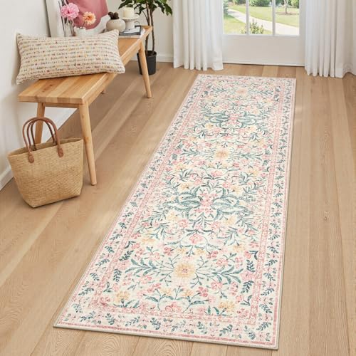 Lahome Sylvie Boho Hallway Runner Rug 2x6,Floral Kitchen Runner Rugs Non Skid Washable,Super Soft Indoor Throw Carpet for Girls Bedroom Bedside Bathroom Laundry Room, Pink/Multi - color: Blush Pink, size: 2' x 6' (Runner)