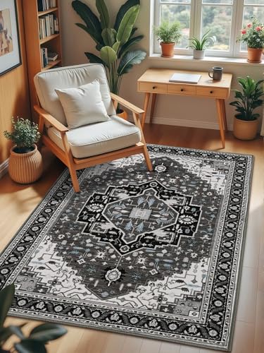 Macgace 3x5 Black Grey Area Rug for Living Room, Machine Washable Rugs with Non-Slip Backing for Bedroom, Vintage Medallion Carpet Kitchen Laundry Kids Room Decor - color: Black & Grey, size: 3' x 5' (Rectangular)