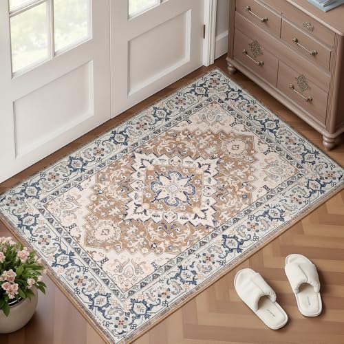 Lofus 2x3 Washable Rug for Entryway Bathroom, Non Slip Kitchen Mats for Floor, Vintage Soft Door Mat Indoor Entrance, Small Area Rugs, Farmhouse Carpet for Entry Living Room Bedroom, Floral Brown - color: Floral Brown, size: 2' x 3' (Rectangular)