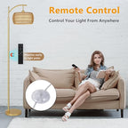 eyassi Arc Floor Lamp with 3 Color Temperatures, LED Gold Floor Lamp with Remote & Stepless Dimmable Bulb, Boho Standing Lamp with Rattan & Fabric Shades, Farmhouse Tall Lamp for Living Room Bedroom - style: Bohemian-Gold