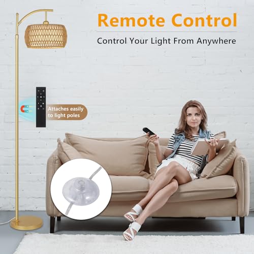 eyassi Arc Floor Lamp with 3 Color Temperatures, LED Gold Floor Lamp with Remote & Stepless Dimmable Bulb, Boho Standing Lamp with Rattan & Fabric Shades, Farmhouse Tall Lamp for Living Room Bedroom - style: Bohemian-Gold