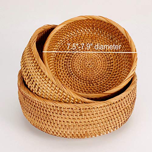 Hadewoven Round Rattan Fruit Basket Wicker Food Tray Weaving Storage Holder Dinning Room Bowl, 8 Inch Small Bread Baskets Tray for Serving with Deep Wall, Brown (Small 7.48”) - size: Small 7.48"