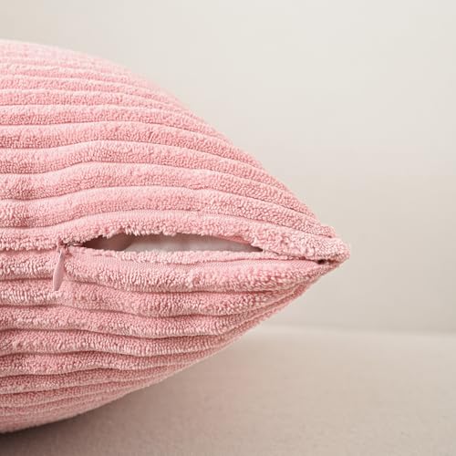 Volcanics Set of 4 Pink Corduroy Decorative Couch Throw Pillow Covers 20x20 Inch, Valentine's Day Farmhouse Striped Cushion Cases, Soft Boho Square Accent Pillow Covers for Home Sofa - color: Pink, size: 20" x 20" (Pack of 4)