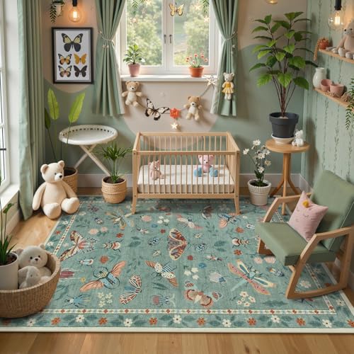 Beeiva Insect Print 5x7 Area Rugs for Living Room - Washable Non Slip Rugs for Dining Room Under Table, Soft Stain Resistant Carpet for Playroom Bedroom Office Whimsical Decor(5'x7',Green) - color: Light Green, size: 5' x 7' (Rectangular)