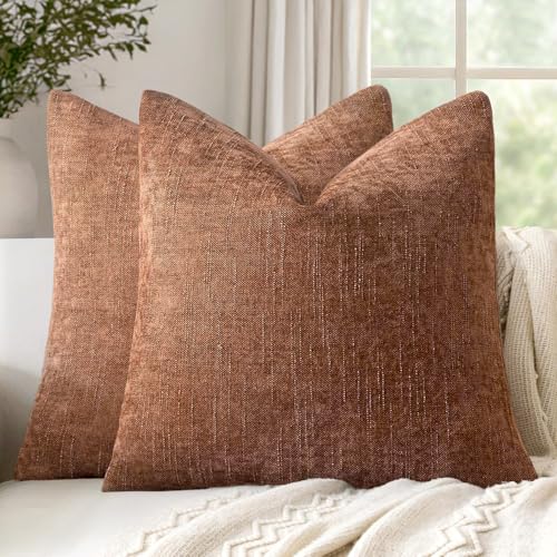 18x18 Inch Set of 2 Textured Throw Pillow Covers Decorative Soft Accent Square Chenille Pillowcases Neutral Farmhouse Cushions Modern Home Decor for Couch Sofa Bedroom Living Room,Pecan Brown - color: Pecan Brown, size: 18" x 18" (Pack of 2)