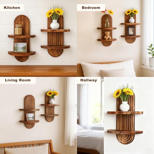 Artilady 2 Pack Shelf Wall Decor Boho Wood Floating Shelves 2 Tier Plant Holder Trinket Storage Rack Rainbow Hanging Decor for Home Bedroom Living Room Office Nursery - color: 2 Dark Brown