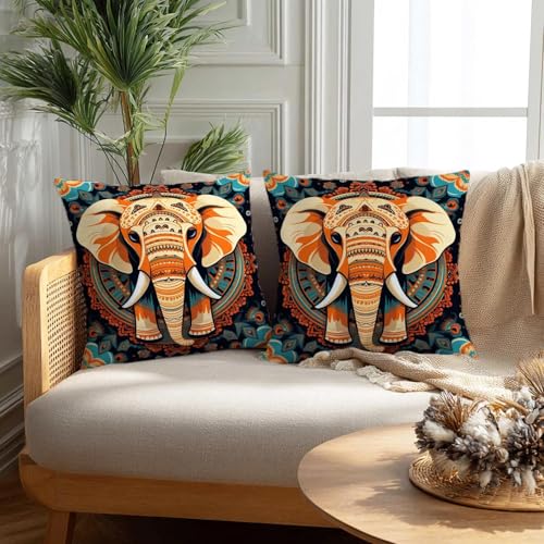Firmiso Mandala Elephant Throw Pillow Covers 18x18 Set of 2 | Decorative Cushion Covers for Sofa Couch Bed | Boho Tribal Inspired Home Decor Pillow Cases | Orange Teal Accent - color: Boho Elephant