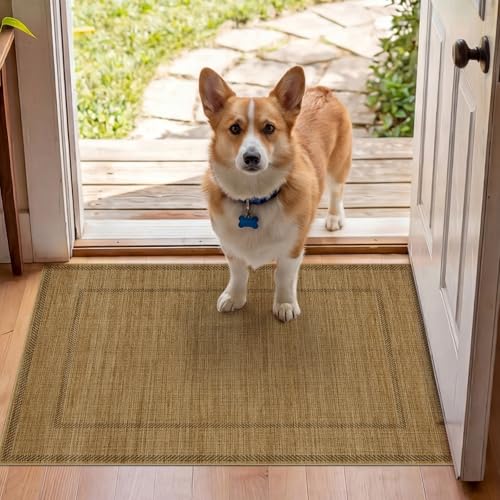 Jute 2x3 Entryway Area Rugs: Washable Non Slip Throw Rugs with Rubber Backing Pet-Friendly Small Rugs Stain Resistant Carpet for Kitchen Dining Room Laundry Porch Doorway Natural Brown with Border - color: Natural Brown With Border, size: 2' x 3' (Rectang