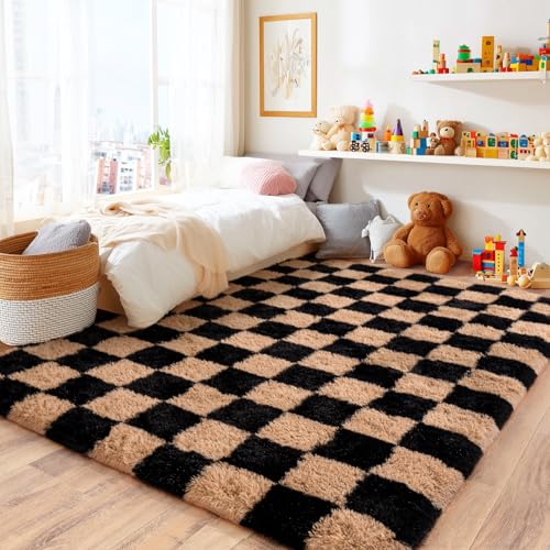 Area Rugs for Living Room Bedroom 9x12, Ultra Fluffy Shag Checkered Rug Modern Washable Carpet Soft Shaggy Non Slip Indoor Plush Fuzzy Rugs for Bedroom Dorm Office Home Aesthetic Decor, Black & Beige - color: Black & Beige, size: 9' x 12' (Rectangular)