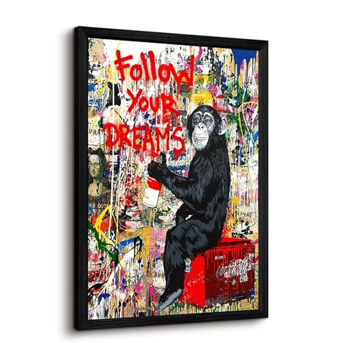 Banksy Canvas Wall Art Monkey Follow Your Dreams Street Graffiti Wall Art Banksy Prints Gorilla Poster Monkey Artwork Graffiti Pictures Painting for Home Living Room Decor 16x24 Inch Black Framed - color: Monkey Prints, size: 16x24 Inch Black Framed