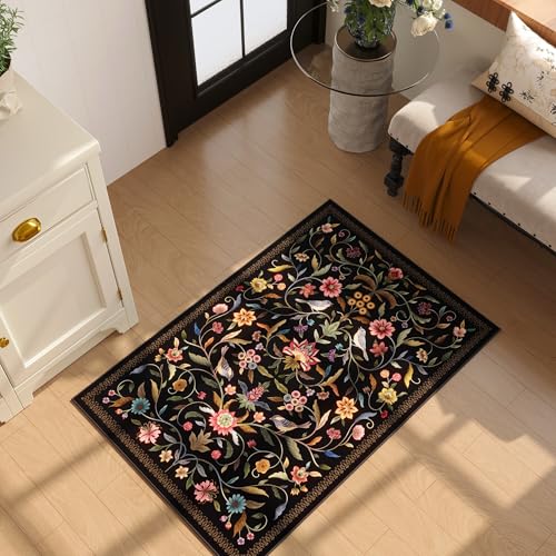 Vintage Medallion Floral Indoor Door Mat 2x3, Machine Washable Entryway Rug, Low Pile Soft Small Carpet, Non-Slip Area Rug for Entrance, Bedroom, Kitchen & Kids Room | Black - color: Black, size: 2' x 3' (Rectangular)