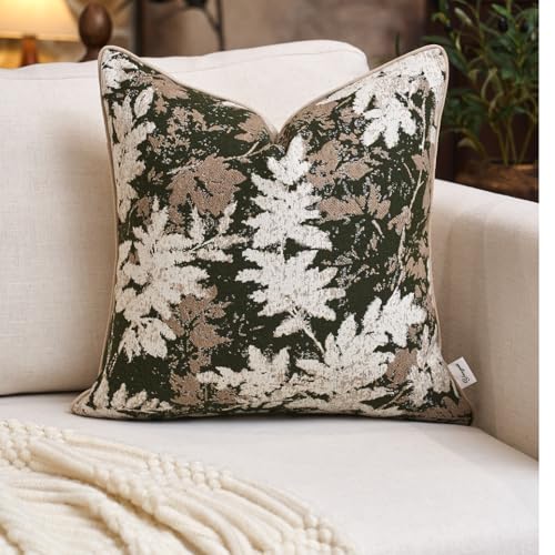 Yangest Neutral Leaf Pillow Cover 18 x18 Inches, Vintage Chenille Square Throw Pillow Cover Soft Leaves Nature Accent Couch Pillow Cover for Living Room Bedroom, Green - color: Green, size: 18" x 18" (Pack of 1)