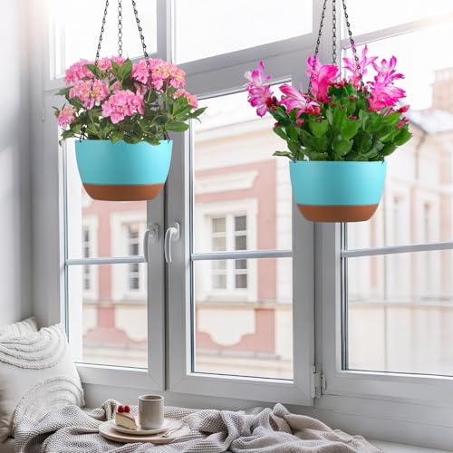 Set of 2 Hanging Planters for Indoor Outdoor Plants, 10 Inch Self-Watering Hanging Flower Pots with Drainage Hole & Removable Water-Storage Tray (Hooks) - color: Sky Blue, size: 10 Inch (M)