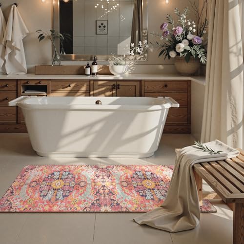 Lahome Reine Bohemian Washable 2x5 Hot Pink Kitchen Runner Rug, Non Slip Bathroom Laundry Room Rug Runner, Floral Medallion Soft Carpet Runners for Entryway Hallway Foyer Decor - color: Fuchsia/Multi, size: 2' x 5' (Runner)