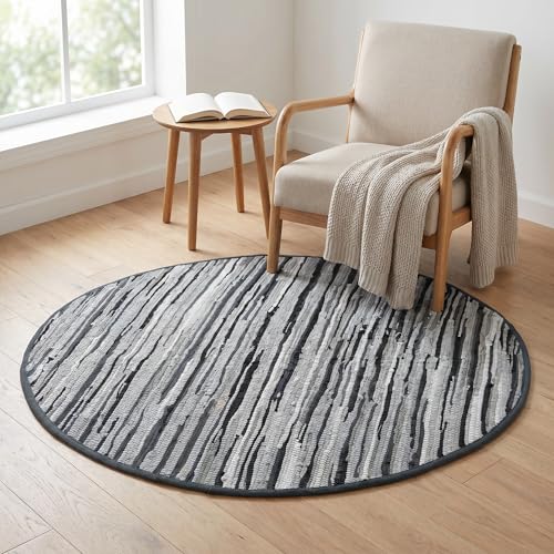 Cotton Hand Woven Chindi Area Rug 4 Feet Round - Charcoal, Reversible Large Durable Indoor Décor Carpet Ideal for Bedroom, Living Room, Nursery | Grey Soft Farmhouse Circle Floor Mat for Home Space - color: Charcoal, size: 4' (Round)