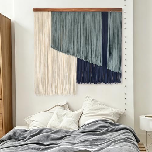 Jakalin Macrame Wall Hanging Boho Yarn Tassel Art Blue Modern Wall Décor for Living Room, Bedroom, Office,39" W x 39" L - color: Ivory and Blue