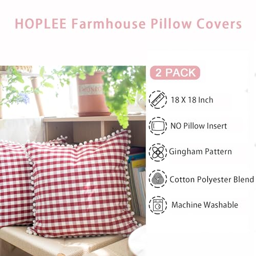 HOPLEE Red Throw Pillow Covers Farmhouse Gingham Pillow Covers with Poms for Home Decor Red and White 18x18 Inches Set of 2 - color: Red Gingham Pom, size: 18" x 18" (Pack of 2)