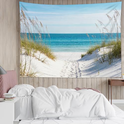 SCECALA Blue Beach Tapestry Summer Seascape Blue Ocean Wall Art Tapestry Seaside Nature Landscape Wall Hanging for Bedroom Living Room College Dorm Photography Home Decor 80x60 Inch - color: Blue White, size: 60"L x 80"W