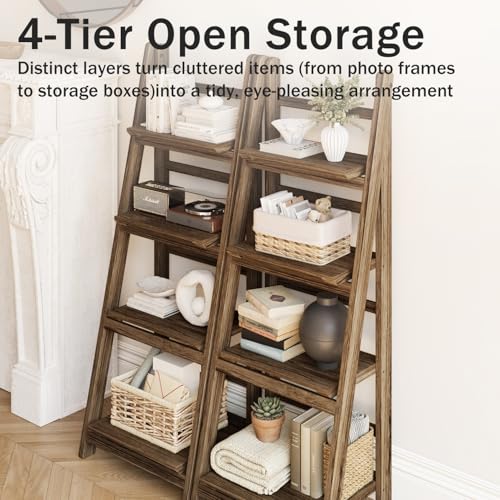 Ladder Shelves - Folding Wooden Ladder Bookshelf, 4-Tier Retro Plant Stand Storage Shelves for Home Living Room, Brown - color: Dark Brown