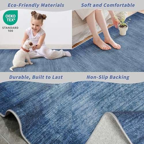 2x6ft Non-Slip Washable Kitchen Rug - Modern Carpet Runner for Hallway,Bedroom Bedside,Laundry Room,Entryway with Rubber Backing – Abstract Neutral Low-Pile Thin (Navy Blue,2x6) - color: Navy Blue, size: 2' x 6' (Rectangular)
