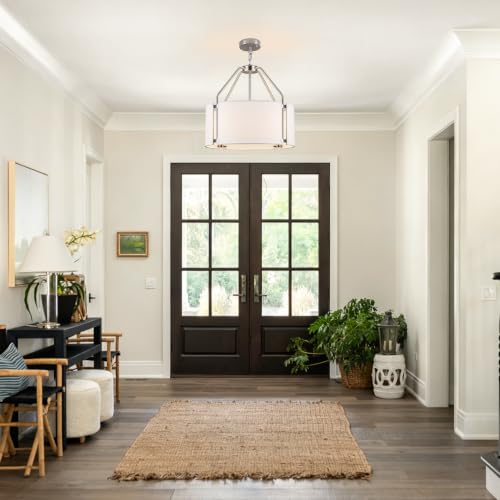 18 Inches Drum Chandeliers, Silver Drum Pendant Light Fixture with White Linen Fabric Shade, White Chandelier Adjustable Modern Farmhouse Hanging Lights for Dining Room Bedroom Kitchen Foyer - color: 18Inch Nickel&White